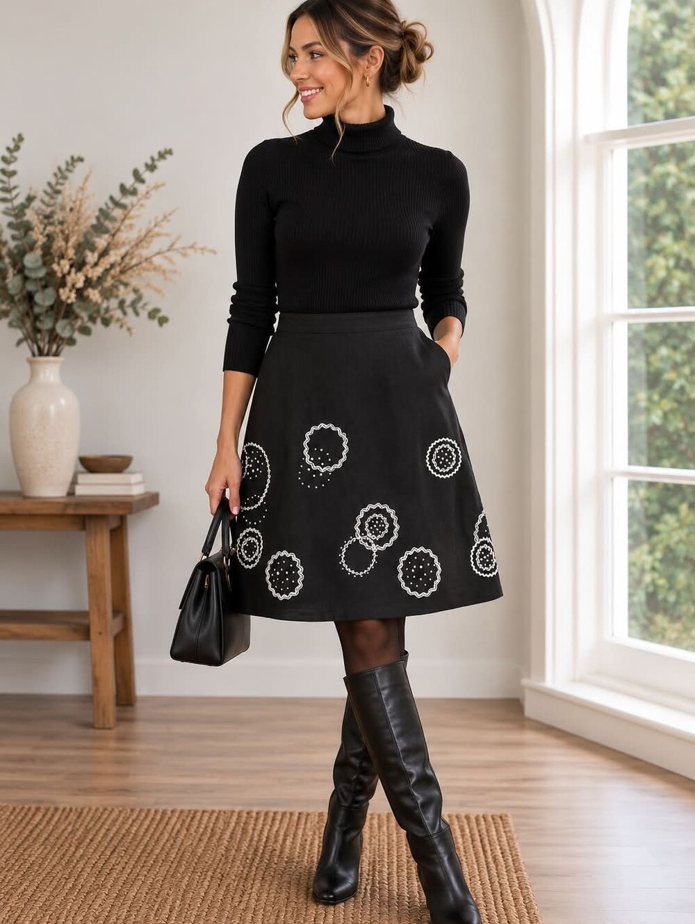 100% LINEN Black A-Line Skirt with White Embellishments